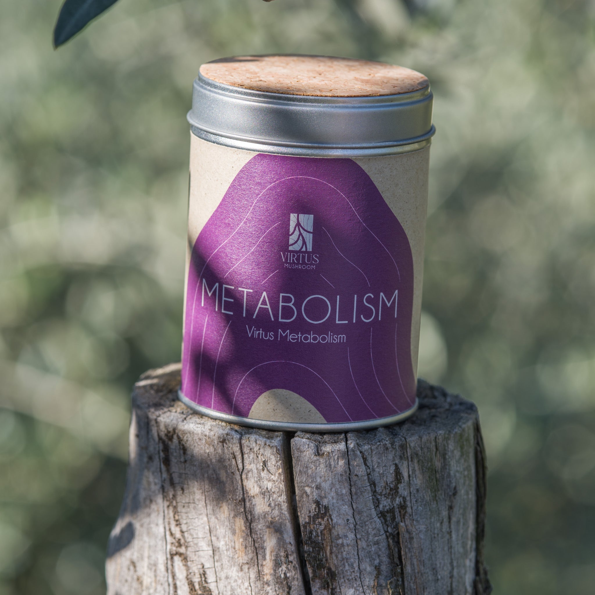 Virtus Metabolism biologico: barattolo con sughero poggiato su un ceppo nel bosco - Virtus Mushroom