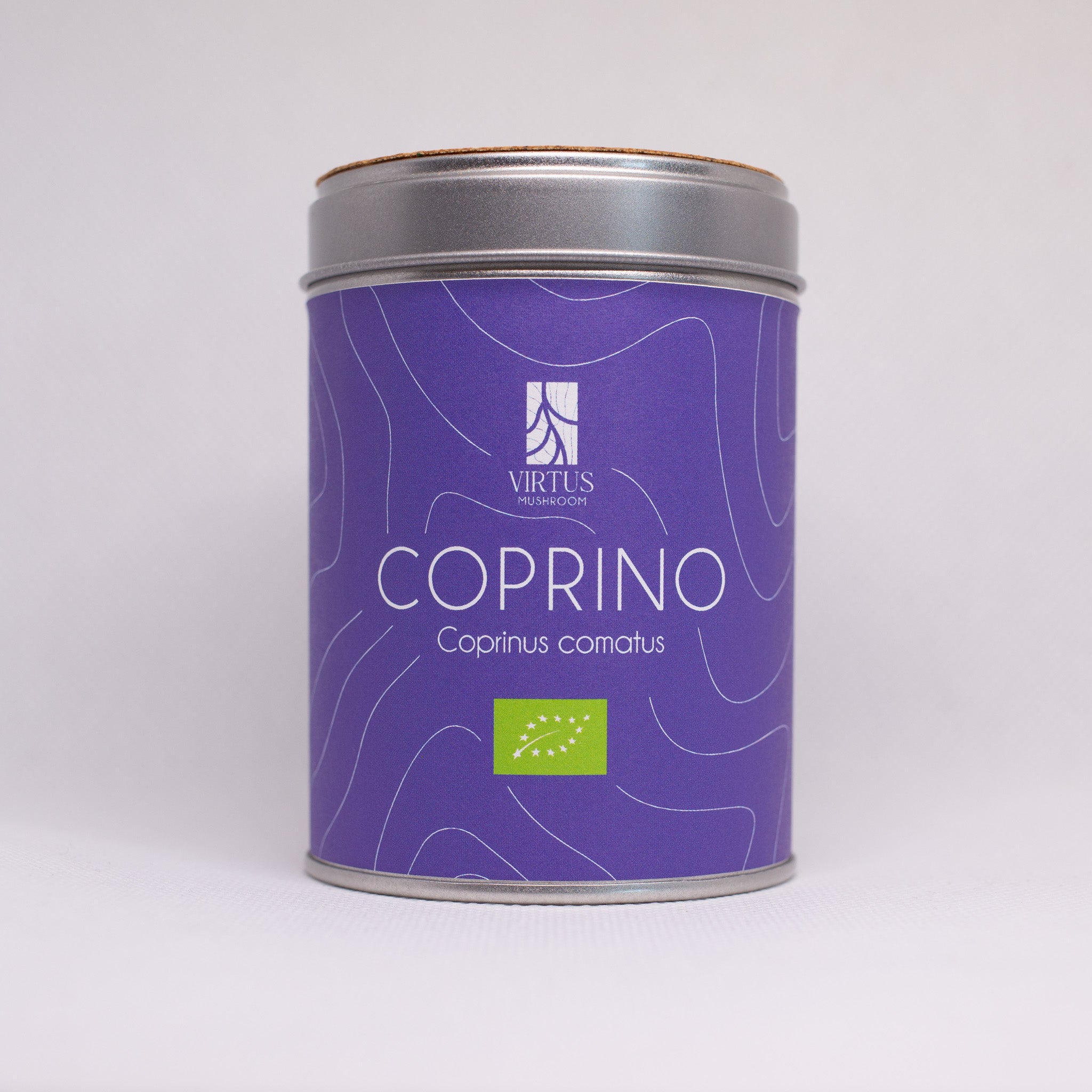 Coprino (Coprinus comatus) biologico: barattolo con tappo in sughero isolato su campo bianco - Virtus Mushroom