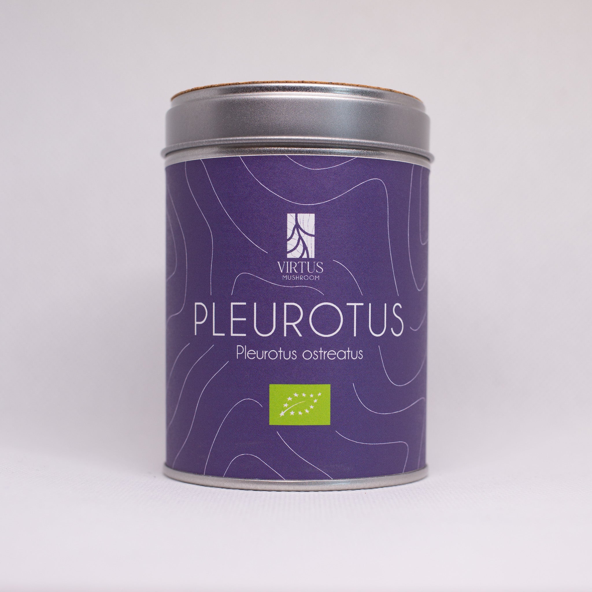 Polvere di Pleurotus ostreatus biologico italiano, confezione su sfondo bianco - Virtus Mushroom