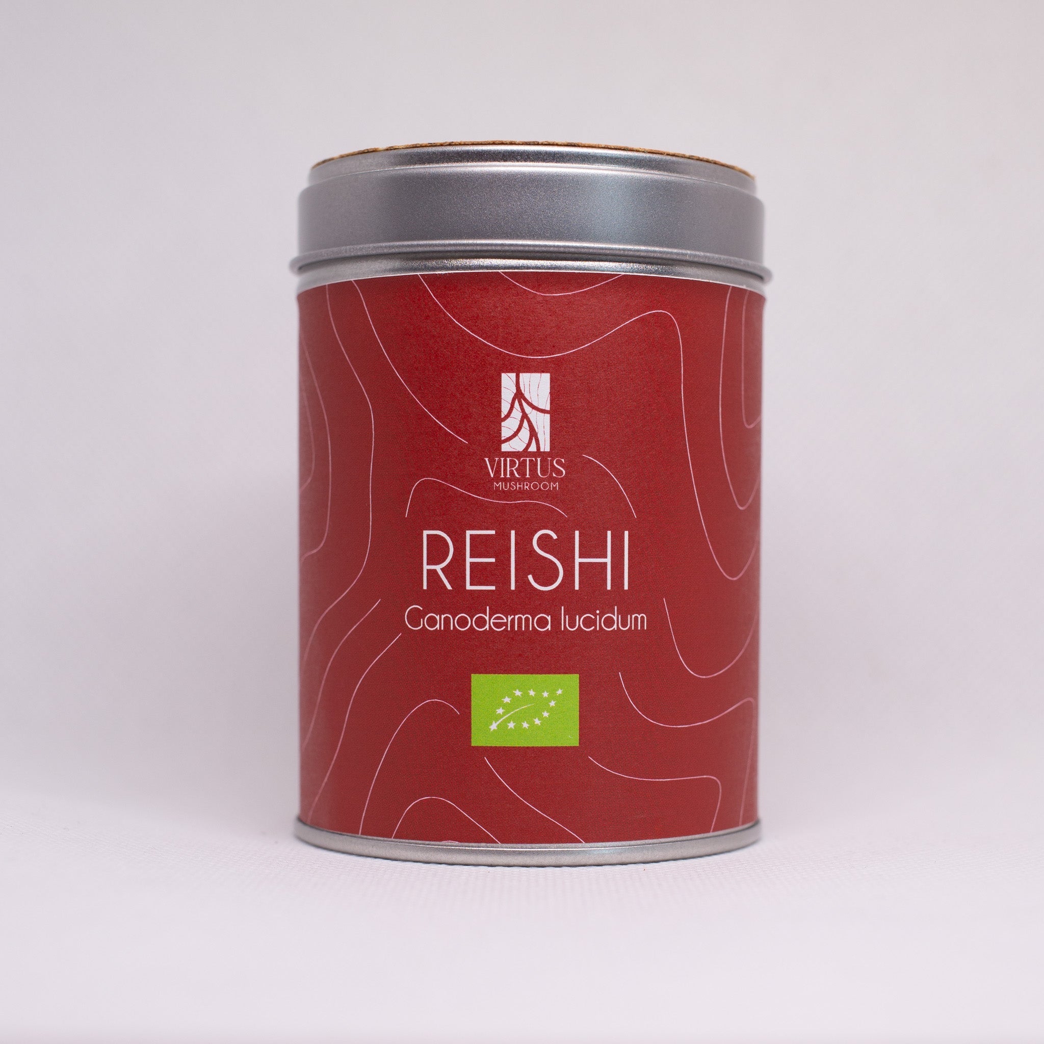 Reishi (Ganoderma lucidum) biologico: barattolo con tappo in sughero isolato su campo bianco - Virtus Mushroom