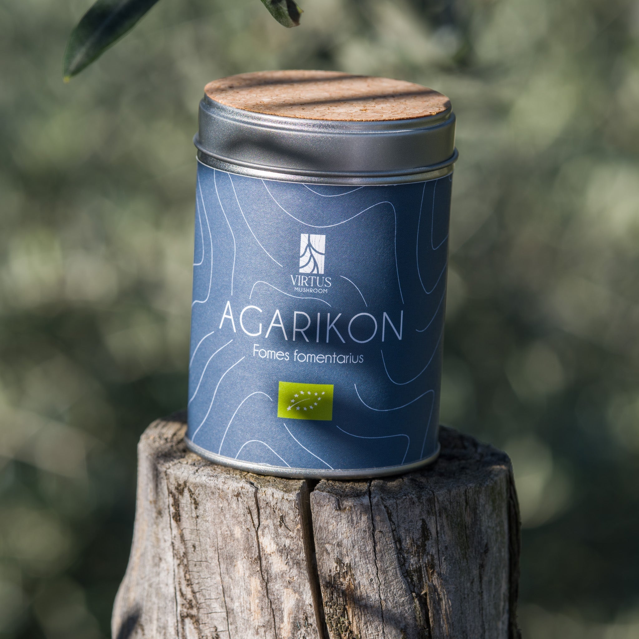 Confezione di Agarikon (Fomes fomentarius) bio immersa nella natura su tronco d'albero - Virtus Mushroom