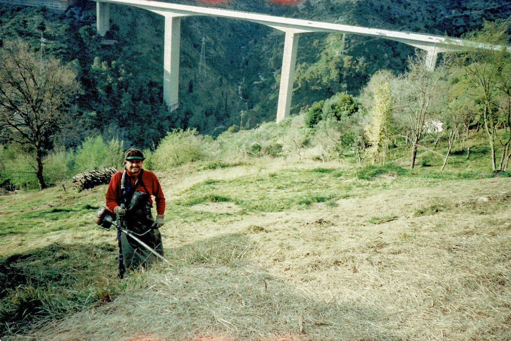 Agricoltore al lavoro su terreno collinare ligure con viadotto sullo sfondo