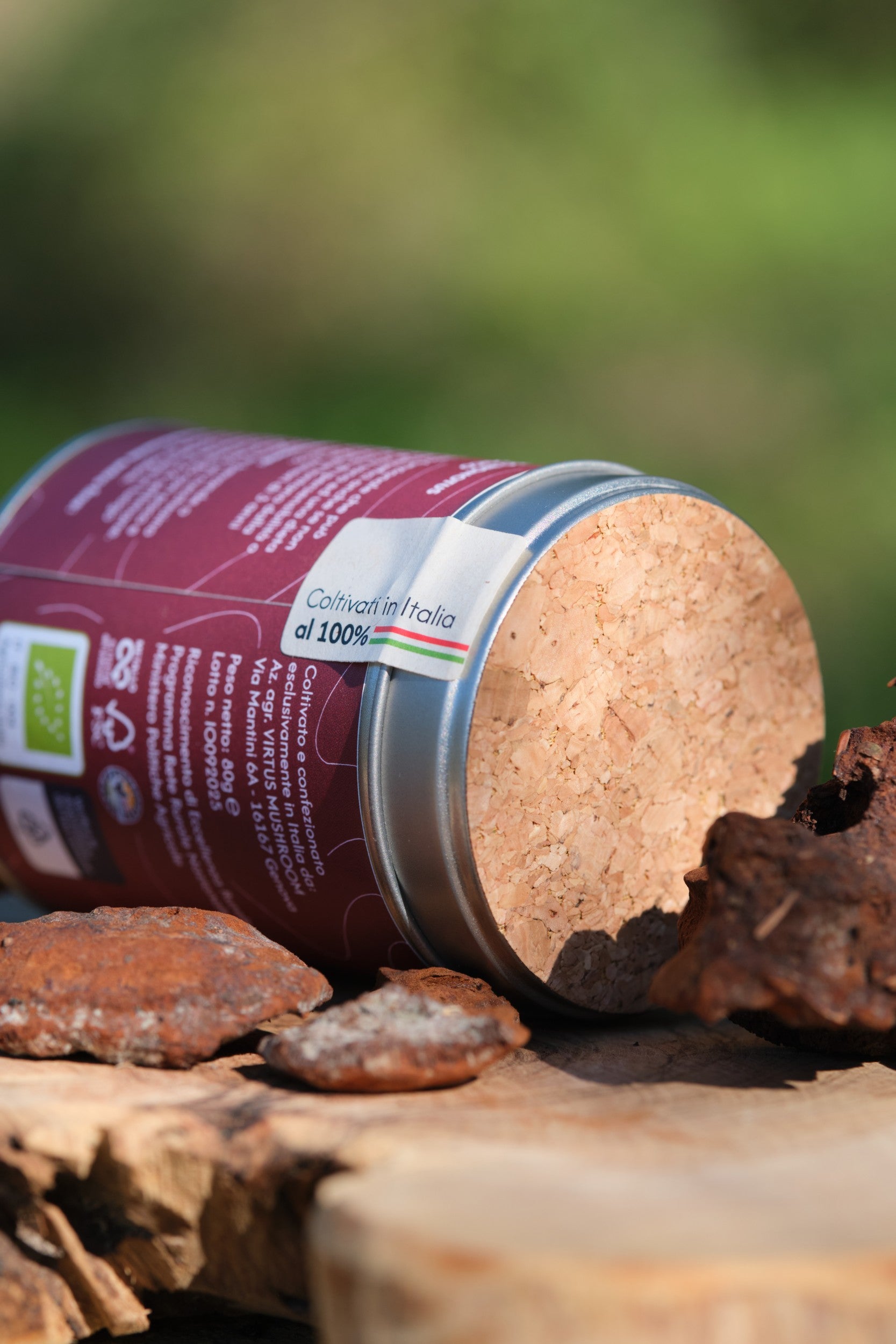 Barattolo Virtus Mushroom con tappo in sughero e frammenti di fungo su base naturale