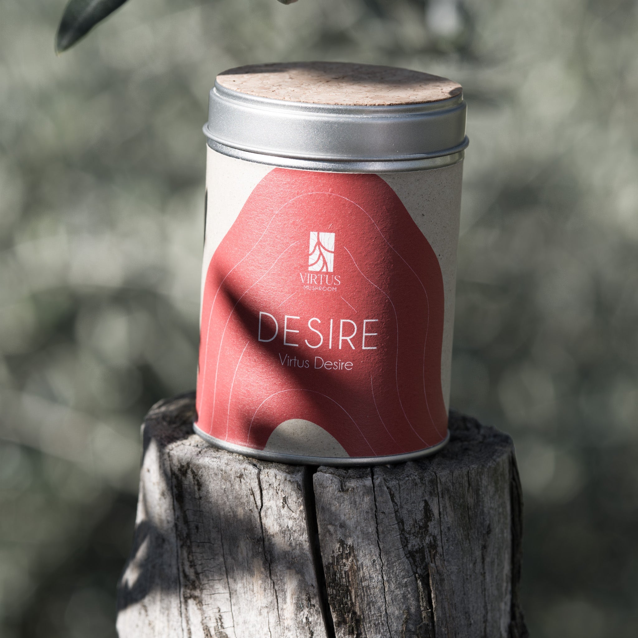 Confezione di Virtus Desire bio immersa nella natura su tronco d'albero - Virtus Mushroom