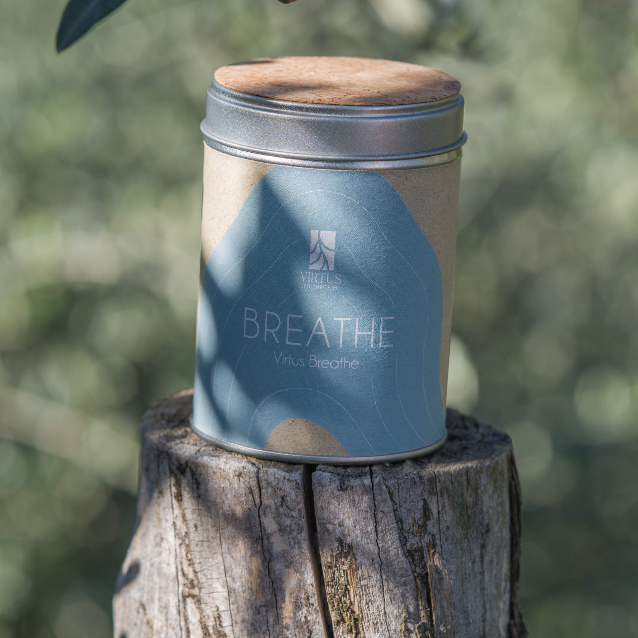Virtus Breathe biologico: barattolo con sughero poggiato su un ceppo nel bosco - Virtus Mushroom