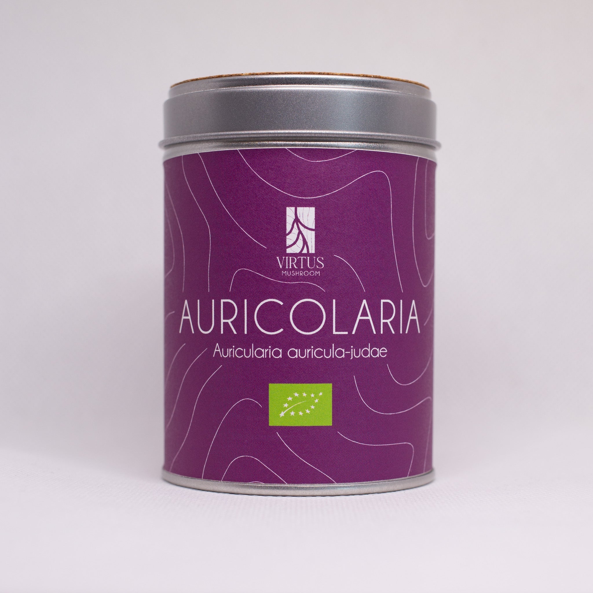 Auricularia a. judae biologico: barattolo con tappo in sughero isolato su campo bianco - Virtus Mushroom
